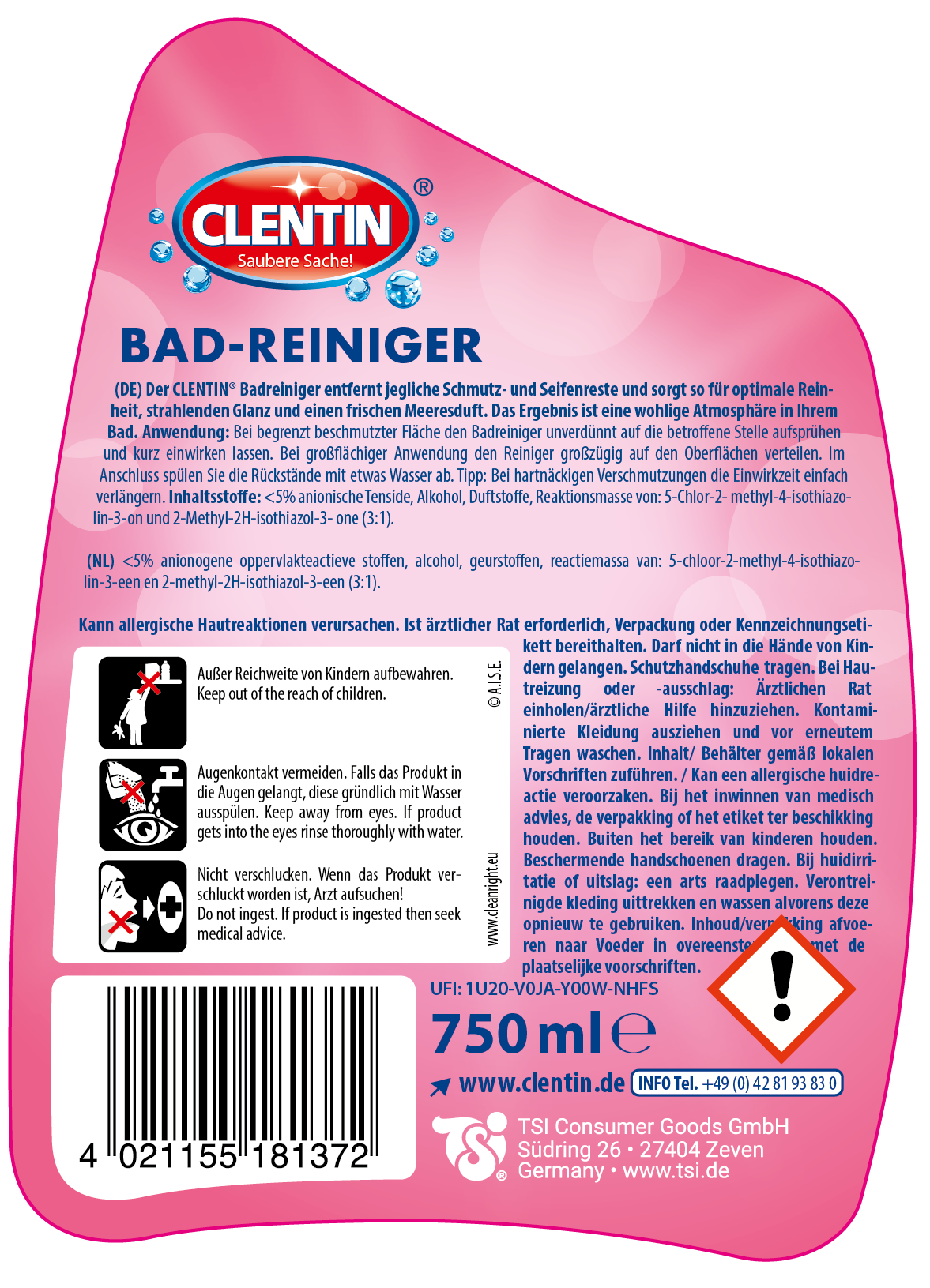 CLENTIN Badreiniger 750ml Trigger SPFL, Warnhinweise