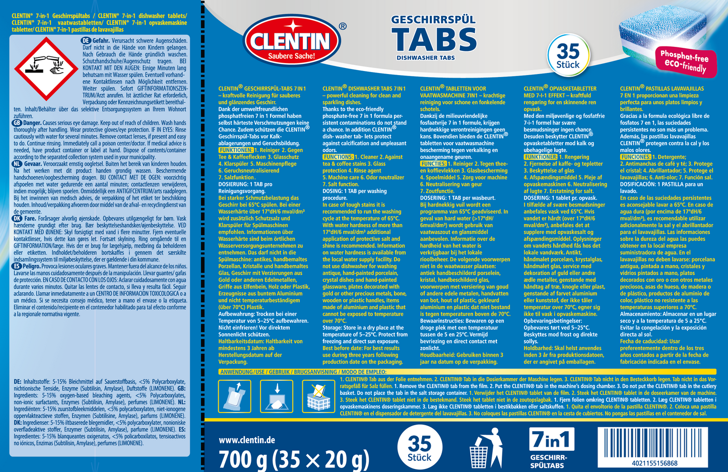 CLENTIN Geschirrspültabs phfr. 35x20g PK, Warnhinweise