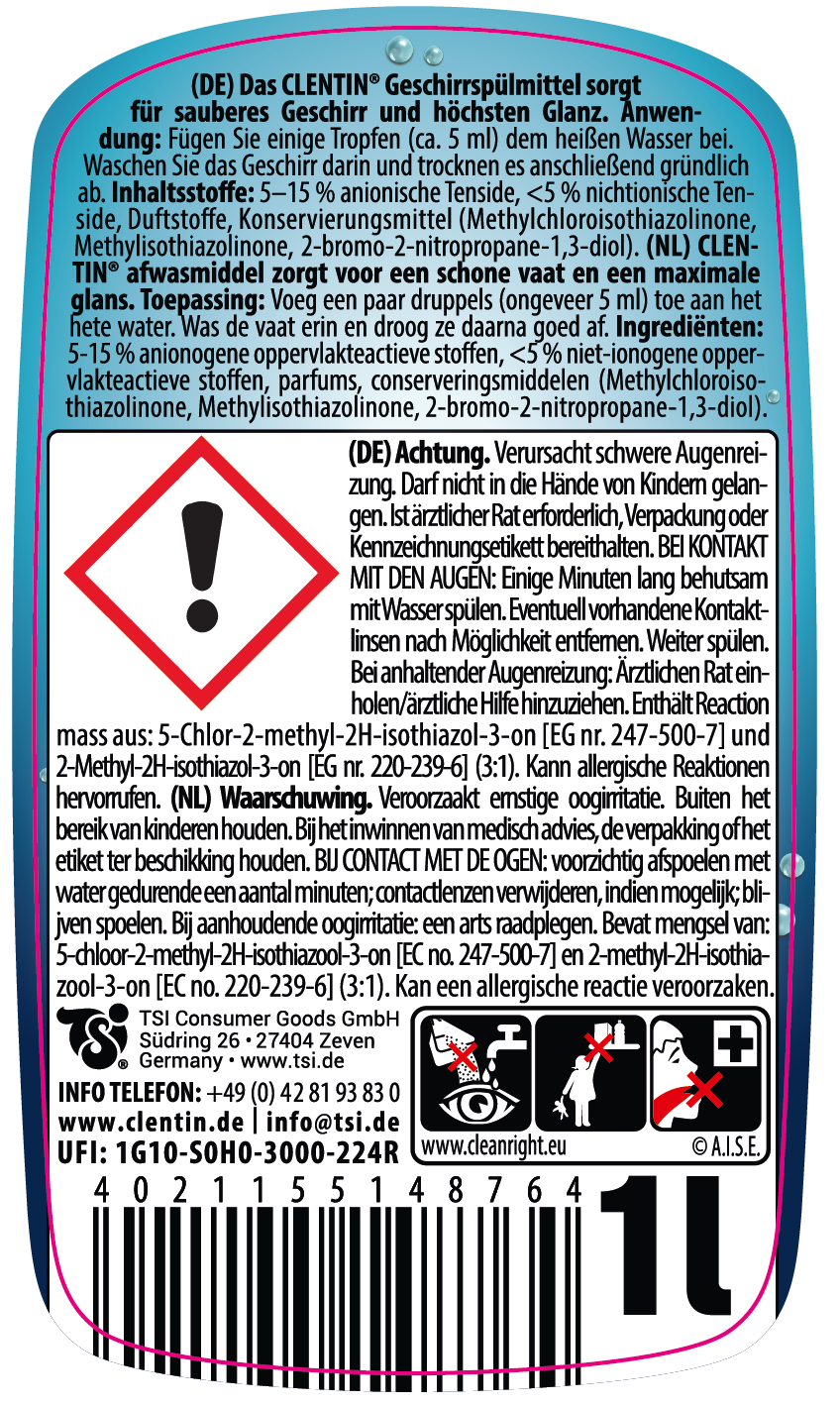 Geschirrspülmittel von Clentin, 1 liter, Duft Zitrone, Warnhinweise