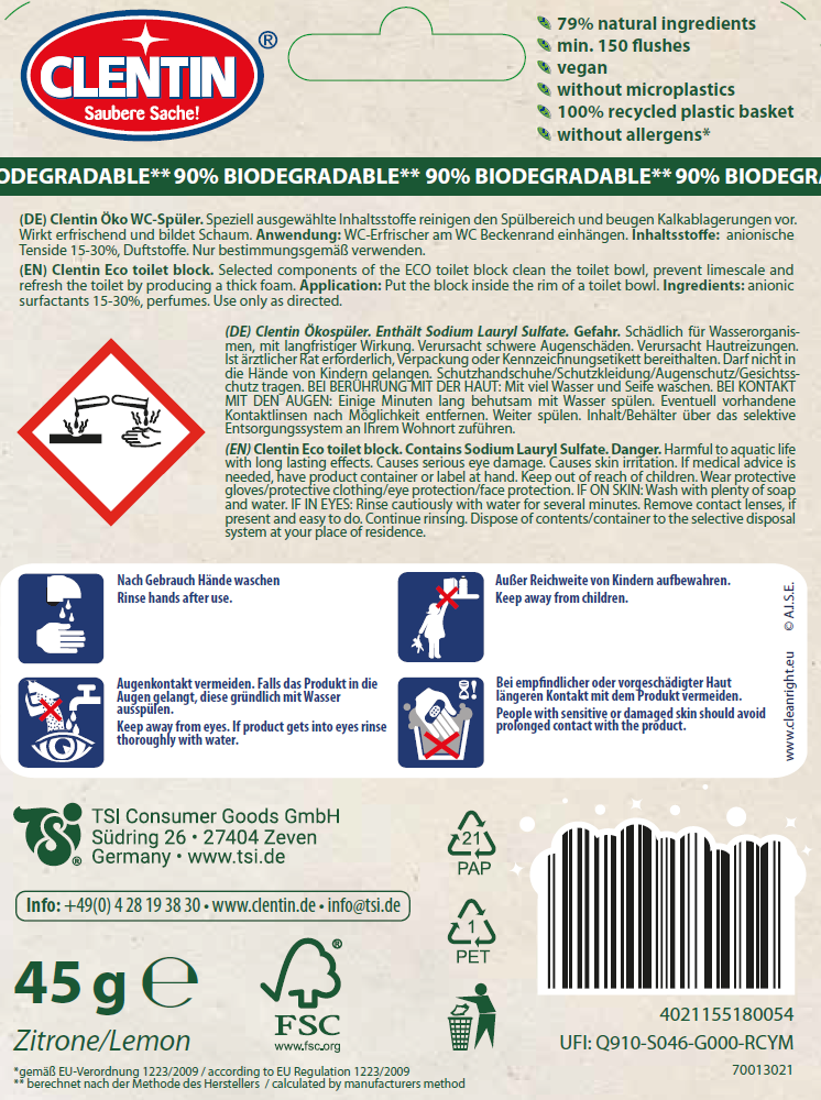 CLENTIN ECO Toilettenstein Zitr. 45g BLS