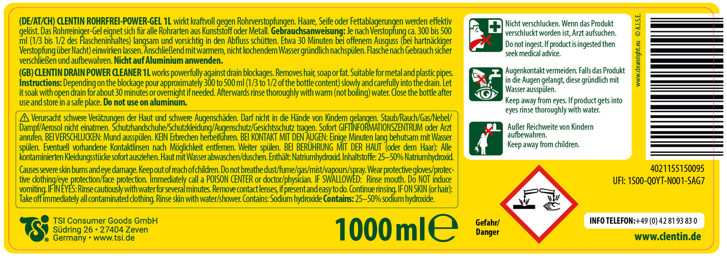 CLENTIN Rohrfrei Gel 1000ml (11er), Warnhinweise