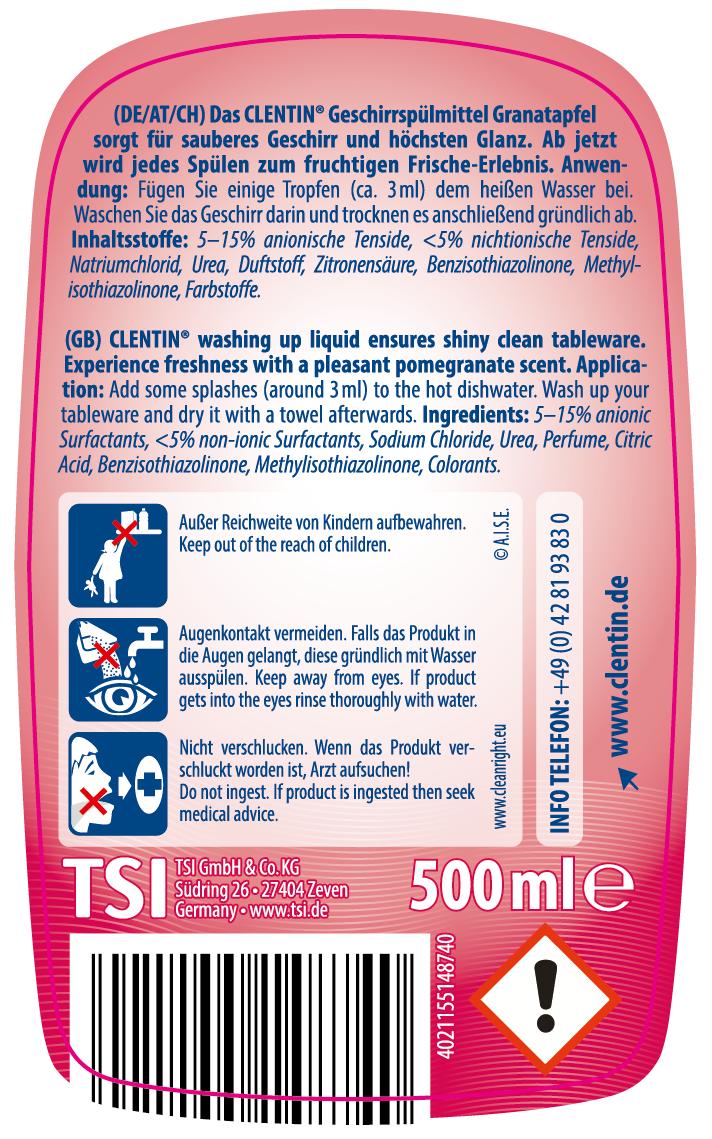 CLENTIN Geschirrspül. Granata. 500ml PFL, Warnhinweise