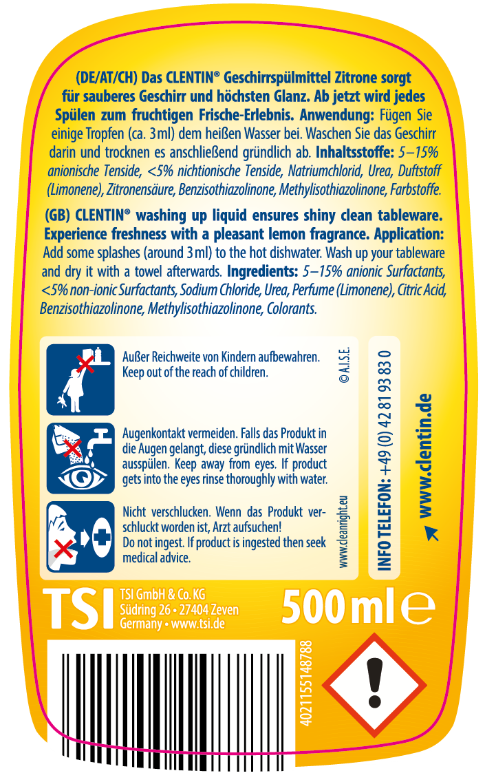CLENTIN Geschirrspülm. Zitrone 500ml PFL, Warnhinweise