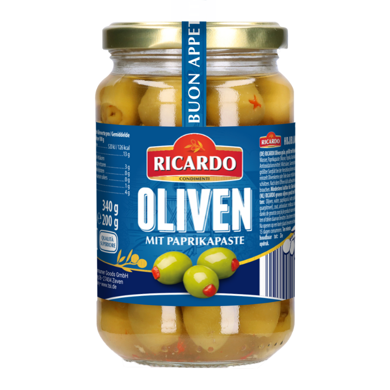 RICARDO Grüne Oliven mit Paprika 340g GL