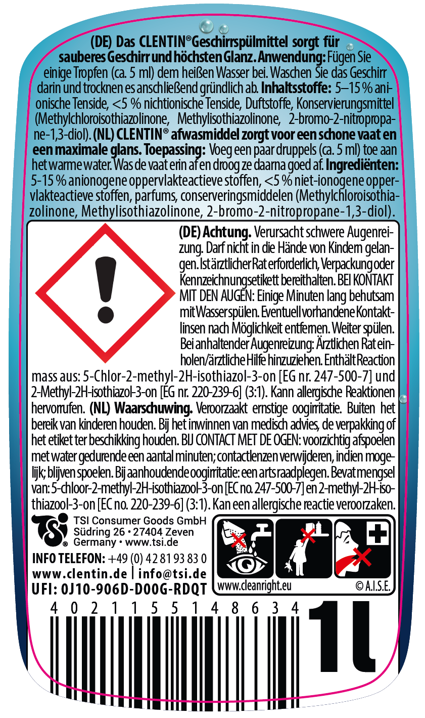 Clentin Geschirrspülmittel Apfel 1l, Warnhinweise