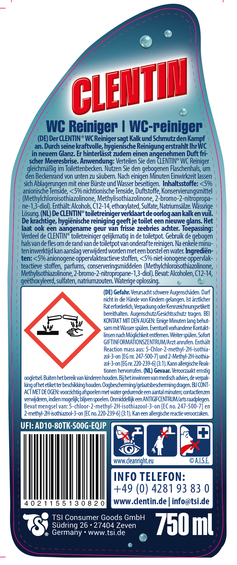 CLENTIN WC Reiniger 750ml FL (16er), Warnhinweise