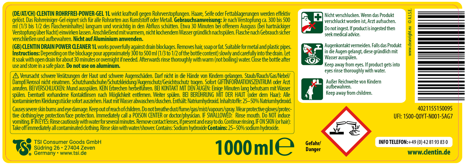 CLENTIN Rohrfrei Gel 1000ml (11er), Warnhinweise